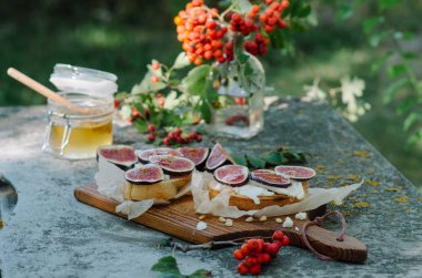 Bruschetta peynir, taze incir, çam fıstığı ve ballı rustik gemide. Sonbahar kahvaltı