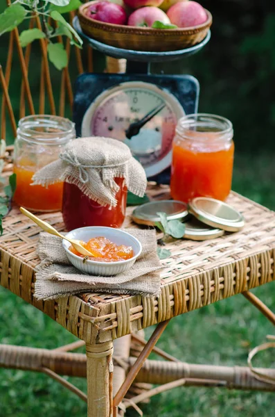 Homemade Sweet Apple Jam Organic Healthy Food Photo Nature Wicker — Stock Photo, Image