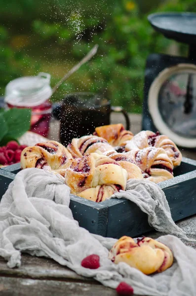 Buns Raspberries Powdered Sugar Rustic Style — Stock Photo, Image