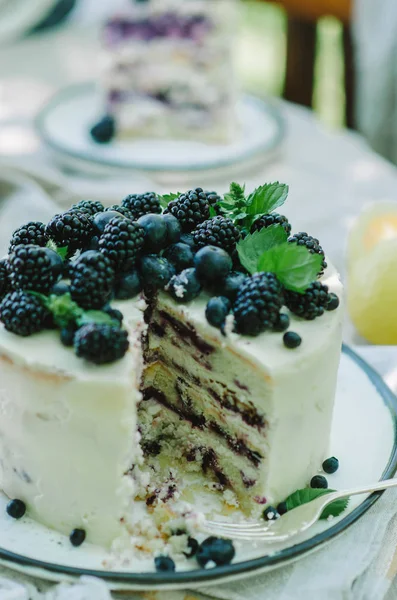 Rustik bir bahçe içinde yaban mersini limon kek