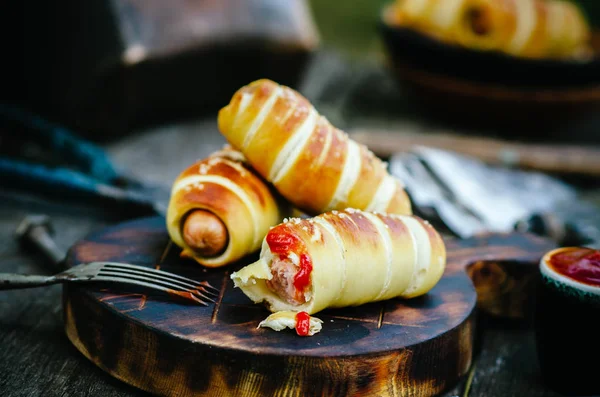 Sausage Dough Dark Wooden Table — Stock Photo, Image