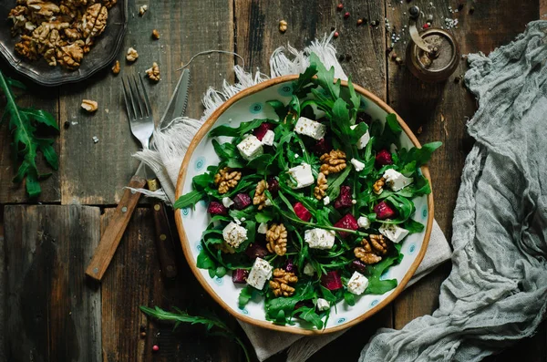 Salad Beets Walnuts Feta Cheese Arugula Rustic Style Salad Dark — Stock Photo, Image