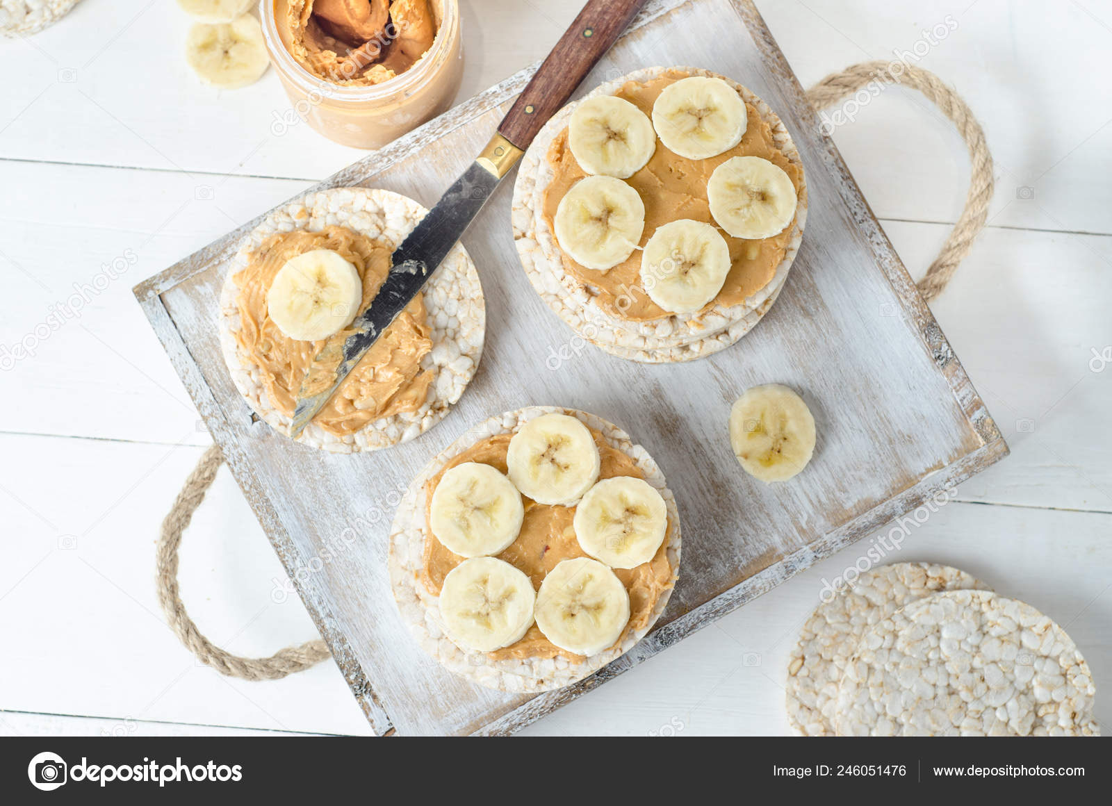 Healthy Breakfast Rice Cakes Peanut Butter Slices Banana White Wooden Stock Photo by