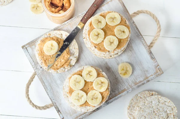 Petit Déjeuner Sain Avec Des Gâteaux Riz Beurre Arachide Des — Photo