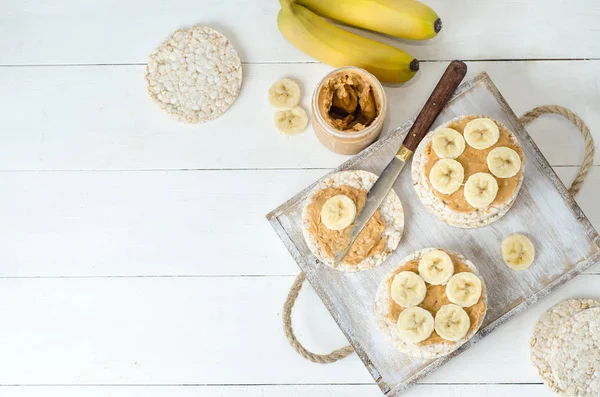 Petit Déjeuner Sain Avec Des Gâteaux Riz Beurre Arachide Des — Photo