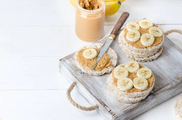 Petit Déjeuner Sain Avec Des Gâteaux Riz Beurre Arachide Des — Photo