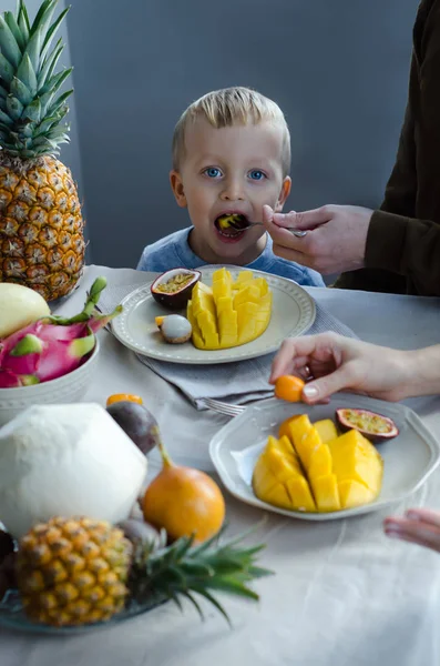 Een Jongen Met Zijn Familie Aan Tafel Eten Van Tropische — Stockfoto