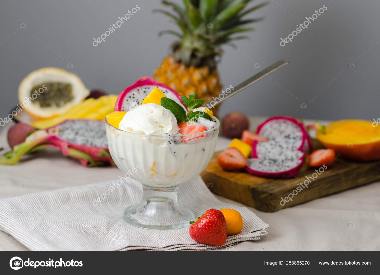 Ice Cream Fresh Tropical Fruits Dragon Fruit Strawberry Lychee Pineapple Stock Photo By C Sokorevaphoto