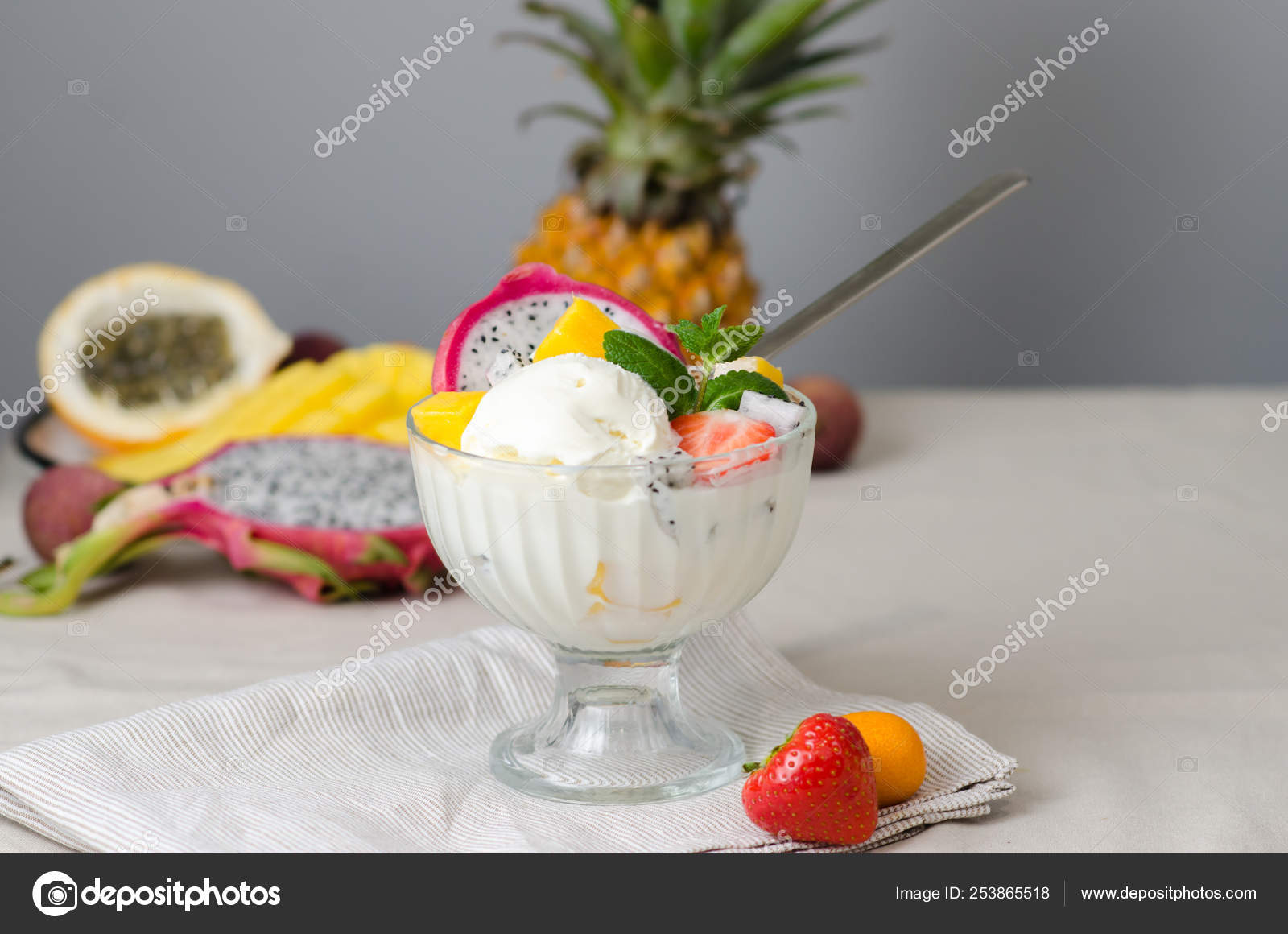Ice Cream Fresh Tropical Fruits Dragon Fruit Strawberry Lychee Pineapple Stock Photo By C Sokorevaphoto