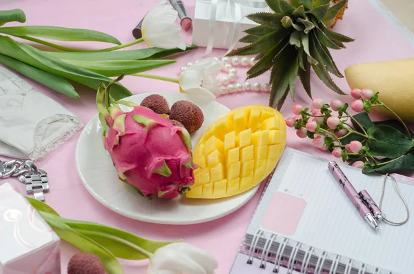 Women Accessories White Pink Colors Whith Tropical Fruits Mango Pineapple — Stock Photo, Image