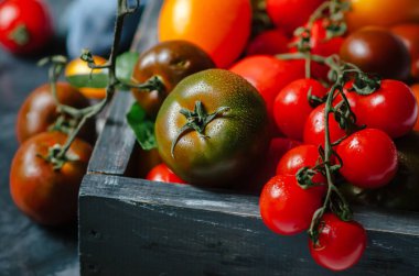 Tahta kutuda taze domates. Tahta bir kutuda domates çeşitleri. Taze sebzeler. Siyah ahşap arka planda.