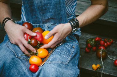 kadın elinde taze olgun domates