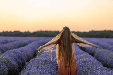 Uzun saçlı, turuncu elbiseli güzel bir kız gün batımında tarlada açan mor lavanta çiçeklerinin arasında duruyor ve elinde bir buket tutuyor. Yaz yolculuğu konsepti.