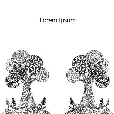 Ağaç arka plan Lorem Ipsum, hisse senedi vektör çizim sayfası için antistress boyama için baskı, web için elle çizilmiş zen dolaştırmak tek renkli stilize