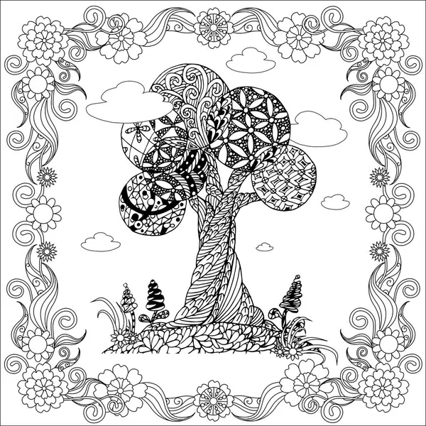 Arborele Monocrom Monocrom Încurcat Manual Cadru Floral Ilustrație Vectorială Stoc — Vector de stoc