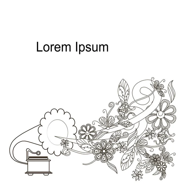 モノクロ落書き手描き蓄音機と花 Lorem イプサムの背景です 印刷用 Web 用ストレス株式ベクトル イラスト アンチ — ストックベクタ