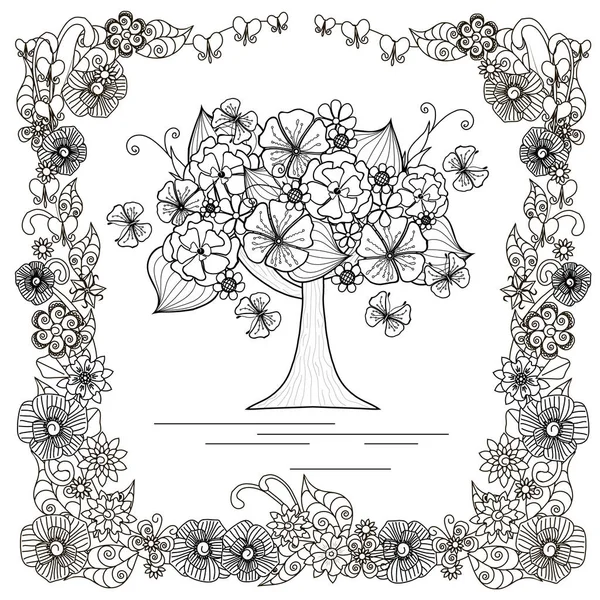 Blühender Baum Mit Schmetterling Floralem Rahmen Für Malbuch Stress Vektorillustration — Stockvektor