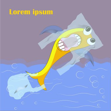 Yellow fish in plastic bags in blue ocean, water rubbish pollution. Design element stock vector illustration clipart
