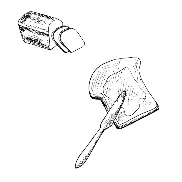 Schijfje Brood Toast Met Boter Mes Hand Getrokken Schets Monochroom — Stockvector