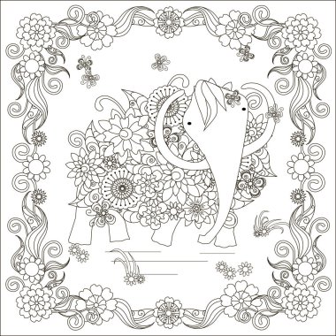 Çiçekli mamut, çiçek çerçeve sayfası anti-stres vektör çizim tasarım öğesi boyama
