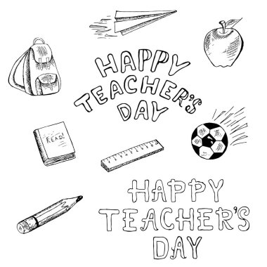 Okul nesneleri çizim. Sırt çantası, kağıt uçak, elma, ölçü birimi, kalem, top, yazı mutlu öğretmenler gün hisse senedi vektör çizim tasarım öğesi web, baskı için mürekkep kroki doodle