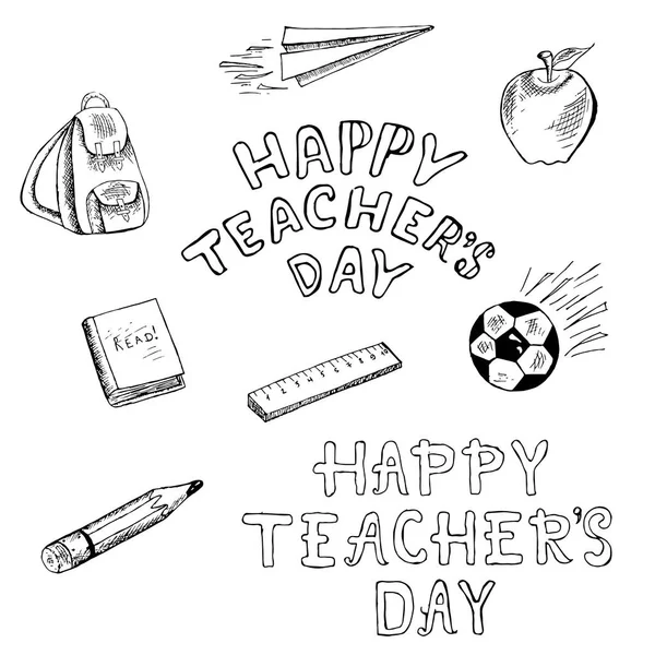 Okul nesneleri çizim. Sırt çantası, kağıt uçak, elma, ölçü birimi, kalem, top, yazı mutlu öğretmenler gün hisse senedi vektör çizim tasarım öğesi web, baskı için mürekkep kroki doodle