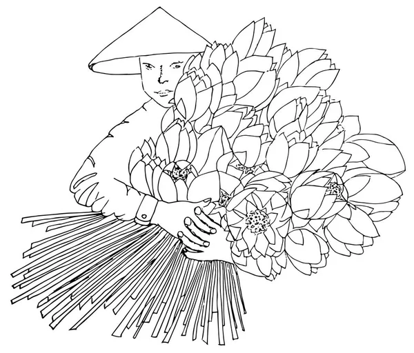 Vietnamita Con Ramo Flores Loto Ensamblado Para Comida Dibujo Monocromo — Vector de stock