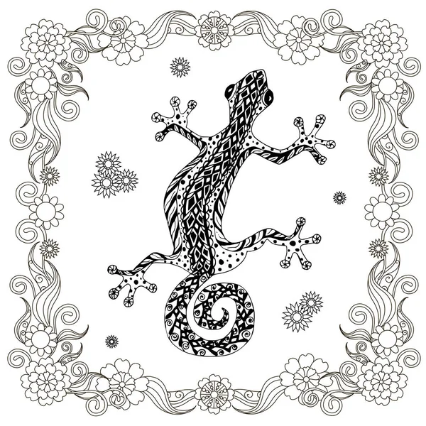 Zentangle Lagarto Estilizado Marco Floral Negro Blanco Dibujado Mano Vector — Vector de stock