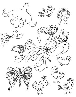 Küçük sanat tasarım öğesi hisse senedi vektör çizim elle çizilmiş kuşlar ve kelebek hisse senedi vektör çizim baskı, web için 