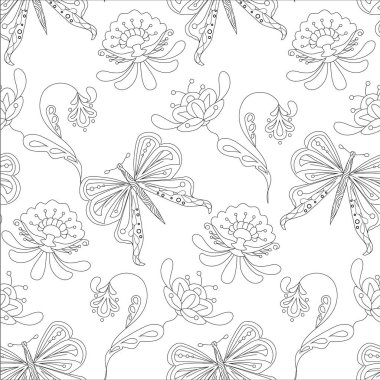 Web, baskı için sorunsuz çiçek ve kelebek tek renkli desen hisse senedi vektör çizim