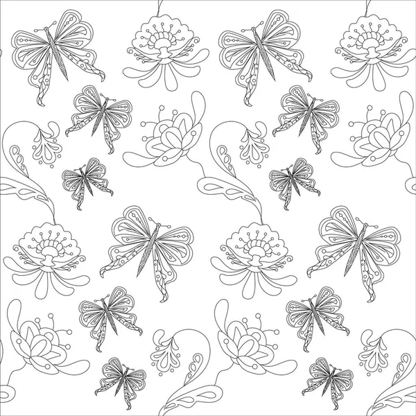 Inconsútil Floral Mariposa Patrón Monocromo Stock Vector Ilustración Para Web — Archivo Imágenes Vectoriales