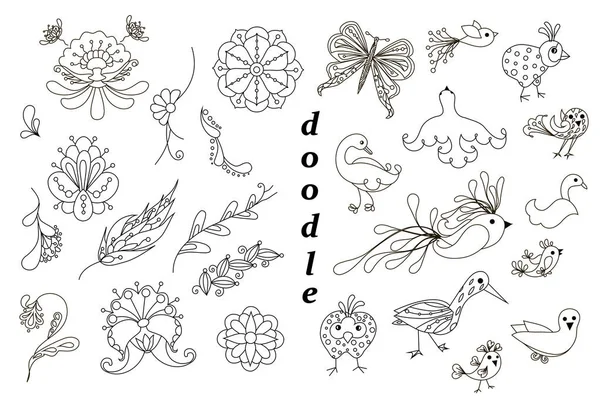 Flores Dibujadas Mano Aves Clipart Estilizado Líneas Delgadas Monocromo Doodle — Vector de stock
