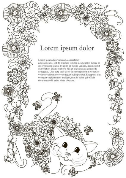 Marco Cuadrado Dibujado Mano Floral Con Gato Para Colorear Libro — Vector de stock