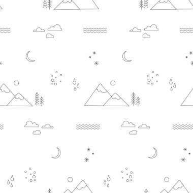 Doğa kavramı sorunsuz arka plan çizgi tek renkli hills, dağ, Güneş, ay, kar tanesi, yağmur damlası, su ile ağaçlar hisse senedi vektör resmi web, baskı için