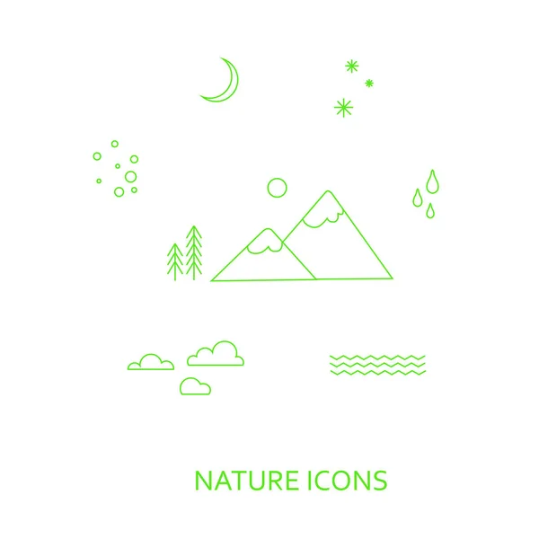 Iconos Concepto Naturaleza Con Líneas Verdes Colinas Montaña Sol Luna — Vector de stock