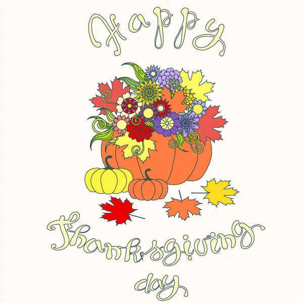 Şükran Günü Yazı Kabak Çiçekleri Ile Renkli Tipografi Afiş Kartpostal — Stok Vektör