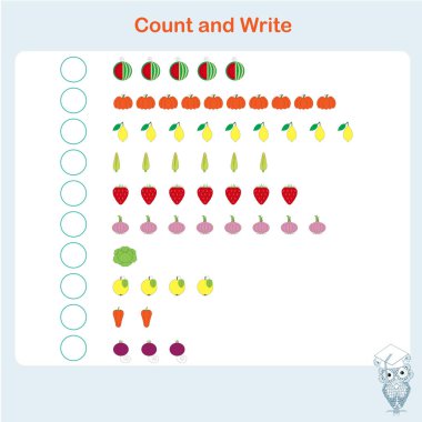 Sayma ve yazma eğitim oyun çocuklar, çocuklara etkinlik sayfası. Öğrenme matematik, egzersizleri, hisse senedi vektör çizim