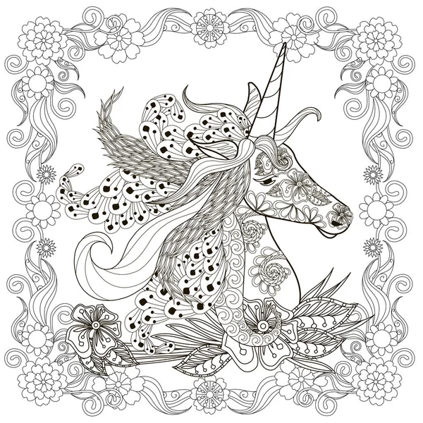 Bosquejo Estilo Zentangle Monocromo Cabeza Unicornio Marco Floral Con Exuberante — Vector de stock