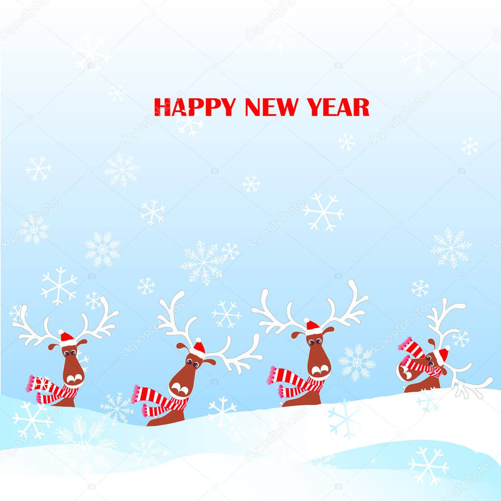 Cartoon funny, cute reindeer in red striped scarf, hat with white horns, snow, snowflax Happy New Year stock vector illustration for typography banner, for congratulation card, greeting card