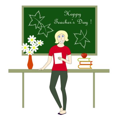 Beyaz çiçekli beyaz harflerle mutlu öğretmenler günü kırmızı vazo, öğretmen kadın kırmızı elma vektör çizim ile beyaz zemin üzerine kitaplar ile yeşil yazı tahtası