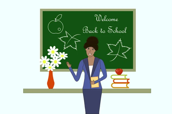 绿色黑板用白色字体欢迎回到学校红色花瓶用白花 老师妇女红色苹果在书在白色背景与 向量例证 — 图库矢量图片