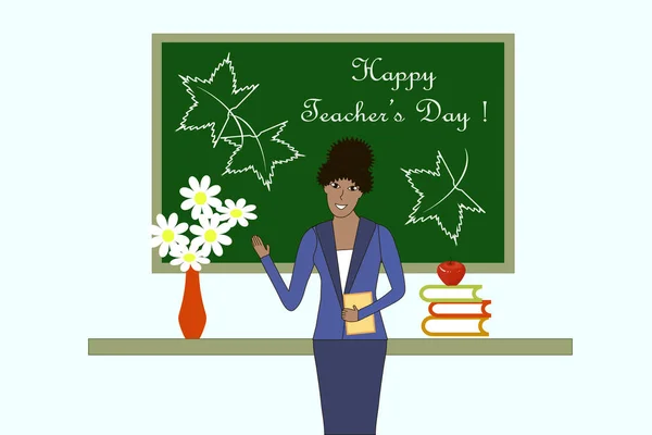 绿色黑板与白色文字愉快的老师天红色花瓶与白色花 老师妇女红色苹果在书在白色背景与 向量例证 — 图库矢量图片
