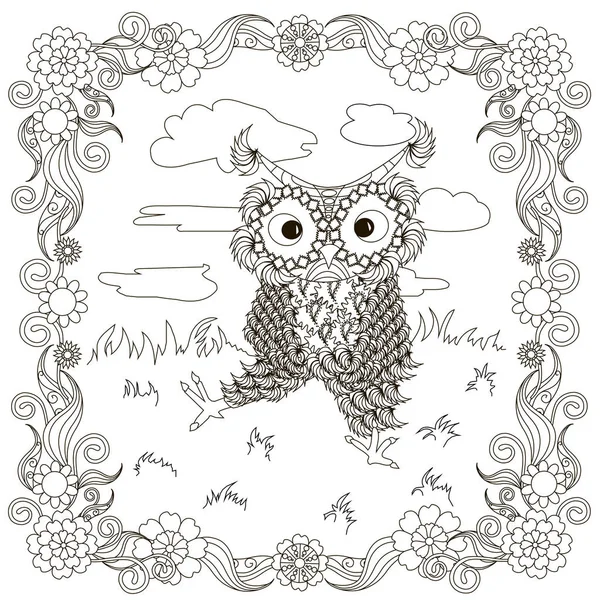 Zentangle Estilizado Búhos Blancos Negros Sentados Césped Nubes Dibujo Mano — Vector de stock