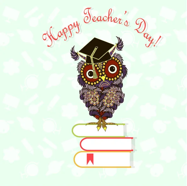 Red Lettering Happy Teachers Day Cartoons Cute Owl Red Apple — Stock Vector