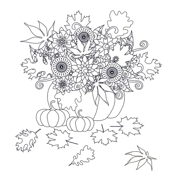 Pompoenen Met Bloemen Esdoorn Eik Verlaat Monochroom Typografie Banner Briefkaart — Stockvector