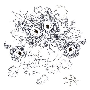 Kabak çiçekleri, akçaağaç ve meşe yaprakları, baykuş tek renkli tipografi afiş, kartpostal hisse senedi tasarım öğesi hisse senedi vektör çizim web, baskı için