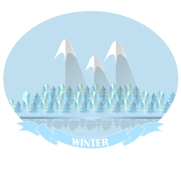 Winter Forest Mountain Landscape Typography Banner Blue Sky Green Trees — Stock Vector