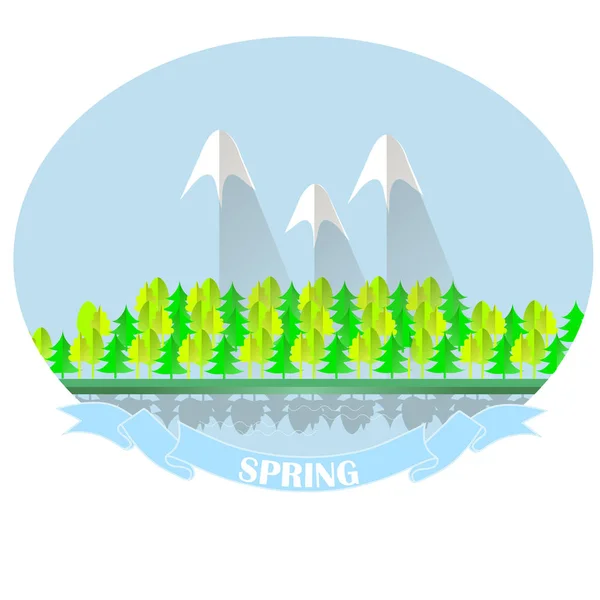 Lente Bos Berg Landschap Typografie Banner Blauwe Lucht Groene Bomen — Stockvector