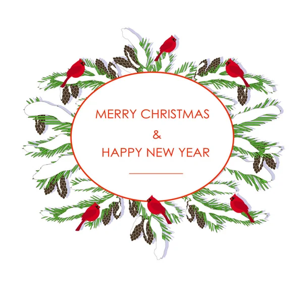 绿色和红色手绘杉木排版横幅圣诞快乐和新年愉快 枢机主教在白色股票向量例证为 Web 用于打印 — 图库矢量图片