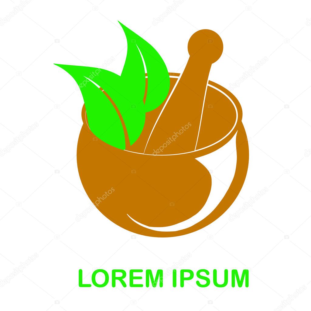 Brown mortar with pestle, green leaves, ikon on white on white, design element stock vector illustration for web, for print